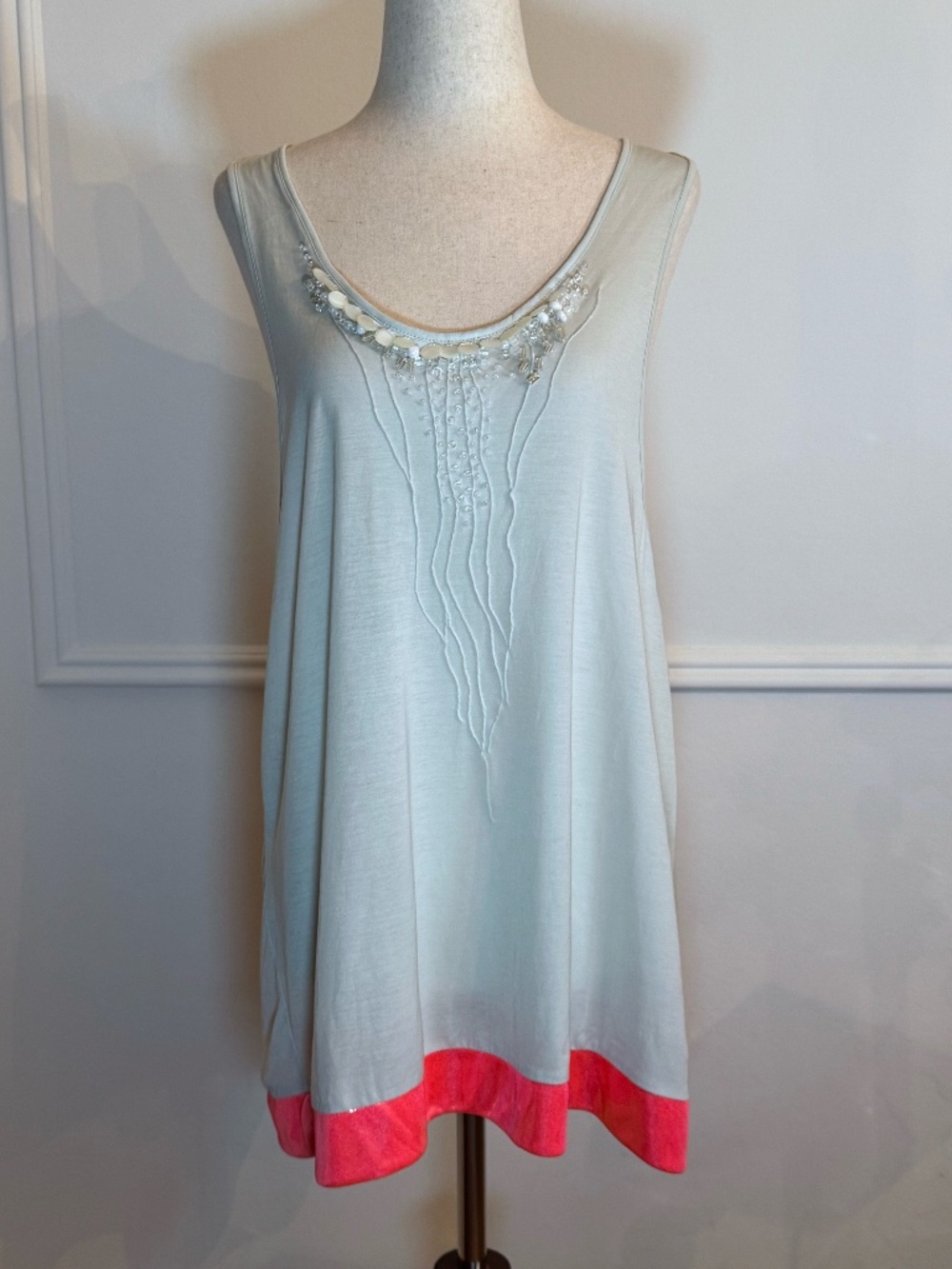 Tsumori Chisato Aqua Beaded Tank Top Tunic Coral Sequin Hem Cotton Sz 3 / US 8 L